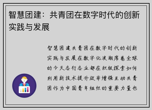 智慧团建：共青团在数字时代的创新实践与发展